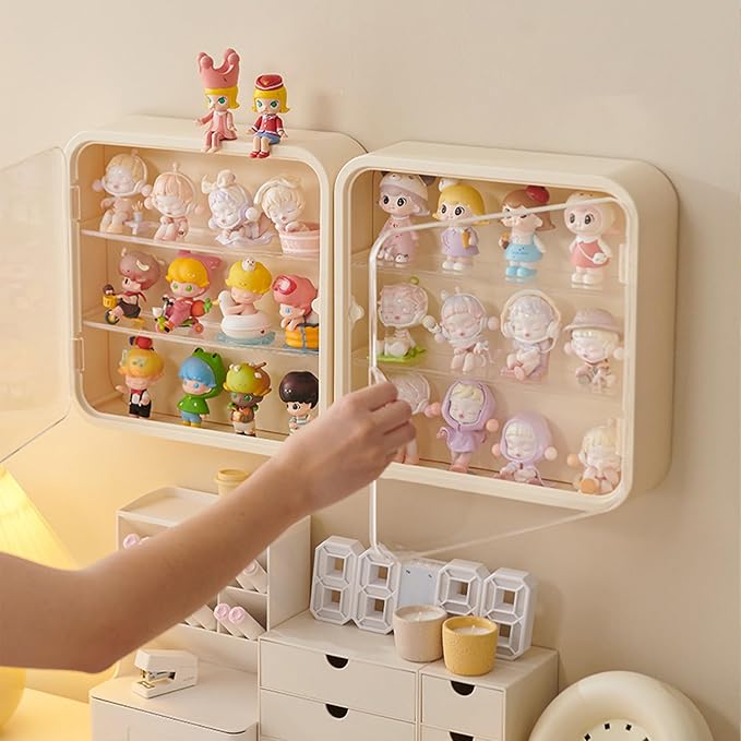 Wall Mount Display Case for Figures - Space Saving & Adjustable Acrylic Storage Box with Magnetic Door, Dustproof & Moisture Proof for Lego Pop Mart Action Figures (Cream)