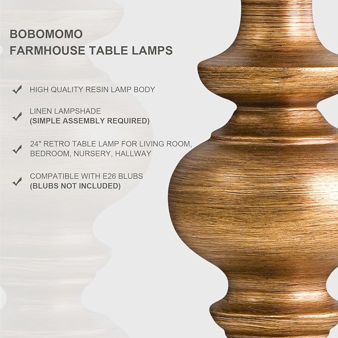 BOBOMOMO 24" Traditional Lamps Set of 2 – Antique Gold Bedside Lamps with Linen Shades, Elegant Medium Farmhouse Lamps for Living Room, Bedroom, and Hallway, Ideal for Warm, Cozy Spaces