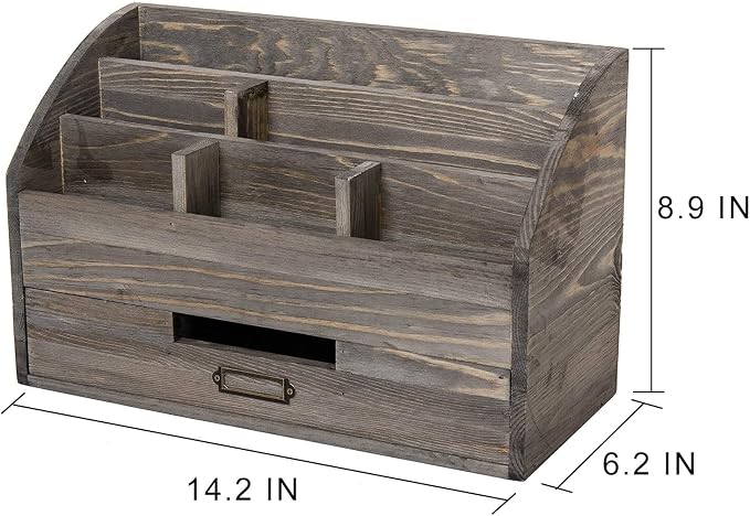 Rustic Wood Desk Organizer and Storage with Drawer and Pen Holder Bill Mail Organizer and Mail Holder for Countertop Kitchen Desk Decorative & Workspace Organizers(Rock Grey)