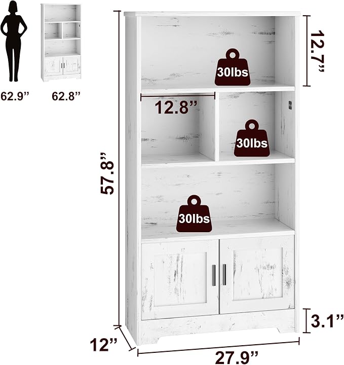 IDEALHOUSE Wood Bookcase with Doors White Bookshelf with LED Lights Modern Storage Rack 3 Shelf Standing Bookshelves Large Display Shelf Unique Book Shelf for Bedroom, Living Room, Home Office