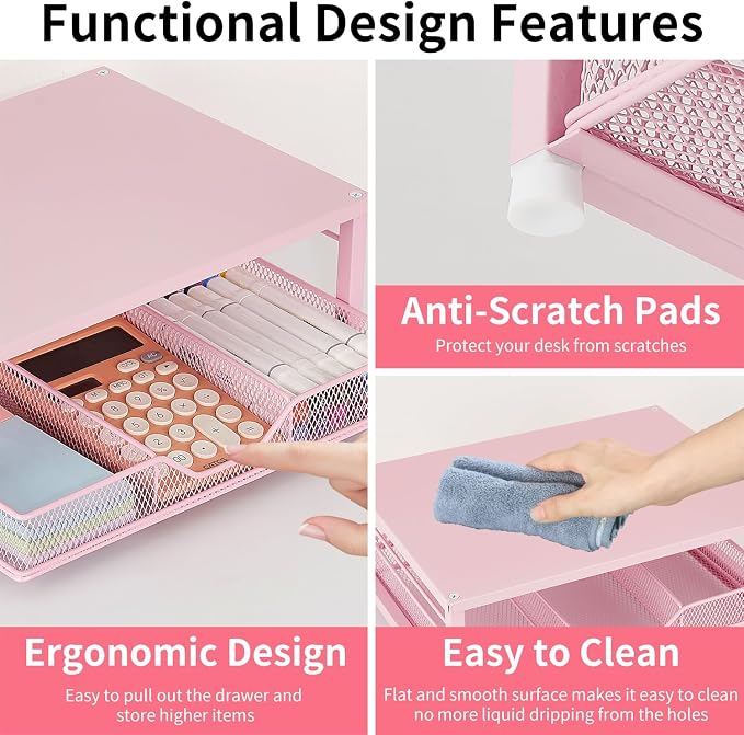 Small Pink Laptop Stand for Desk, Monitor Stand, Office Desk Accessories, Computer Desktop Stand with Drawer for Home, Office, School (Pink)