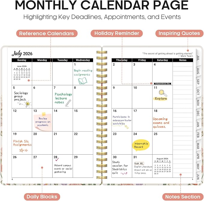 Taja Planner 2026-2027, Jul 2026-Jun 2027 Monthly & Weekly Calendar Planner | 6.3" x 8.5", Hardcover Academic Calendar, Teacher Student Agenda Book with Tabs, School Office Supplies, Bloom Planner