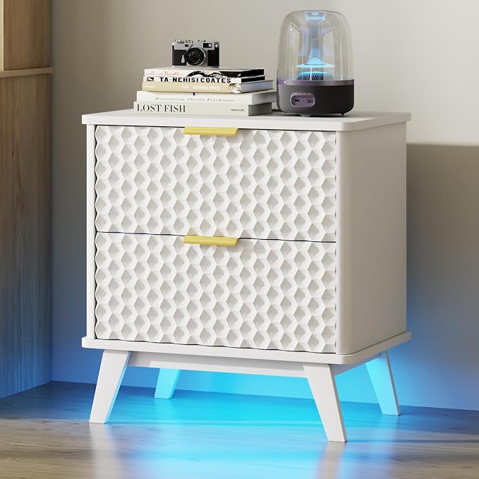 Smart Nightstand with Charging Station and LED Lights | 23.62" Wide Night Stand with 2 Drawers, Motion Sensor Motion-Activated Underlight, Honeycomb Bedside Table for Bedroom, White
