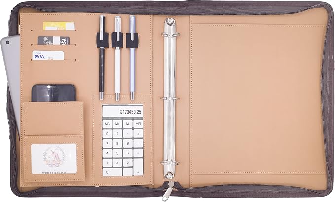 ECEIRO Leather Portfolio Ring Binder - Three Ring Binder Organizer Zippered Padfolio Folder Portfolio Organizer with Hidden Handle Cute Office Leather Binder - Gifts Supplies for Women