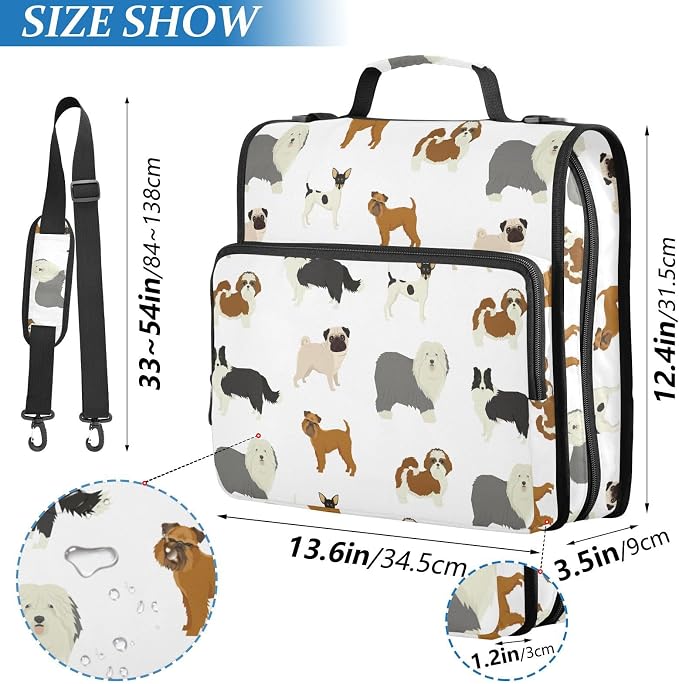 Dogs Zipper Binder with Shoulder Strap Bag 3 Ring Binder Organizer Large Capacity Multiple Compartments for School Office