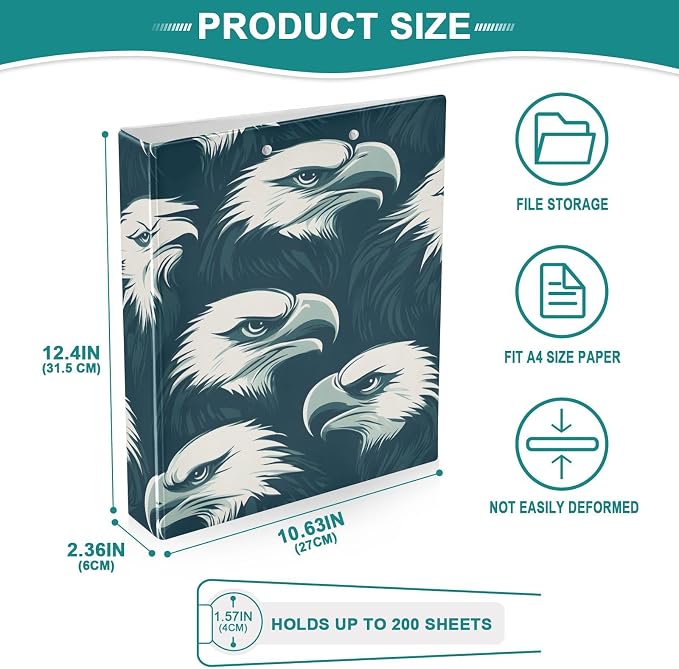 3 Ring Binder Eagles Head 1.5" Round Ring Binders View Binder with 200 Sheet for Kids School Supplies Women Men Office, 1 Pack