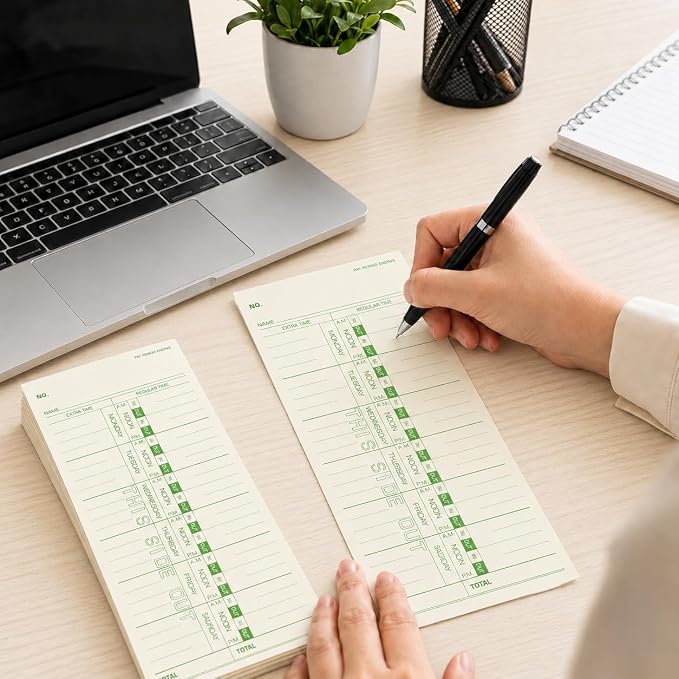 Weekly Time Cards 1-Sided, 3-1/2" x 9", Named Days, 1000-Count,Time Cards for Employees, Green Print, Timecards for Time Clocks