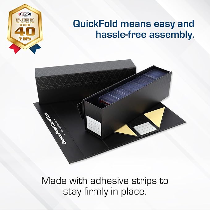 BCW QuickFold Card Boxes for Toploaders and Magnetics, Magnetic Lid, 6 Pack | Each box holds 225 toploaders or 50 magnetic holders, with quick assembly, a secure magnetic lid, and end labeling.