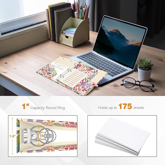 Ospelelf Mini 3 Ring Binder 1 Inch, Cute Binder for 5.5" x 8.5" with 5 Tab Dividers, File Folder Labels and Low Profile Clipboards, Floral Binders for School and Office Supplies