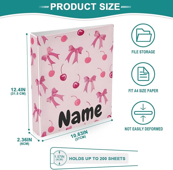 Custom 3 Ring Binder Pink Bows Cherry 1.5" Round Ring Binders Personalized Name View Binder with 200 Sheet for Kids School Supplies Women Men Office, 1 Pack