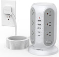 TESSAN Tower Power Strip Surge Protector, Flat Extension Cord 15 Ft, Grey | Individual Switches with 12 Outlets, 5 USB Ports(2 USB C), Flat Plug, Charging Station for Multiple Devices, Office, Dorm