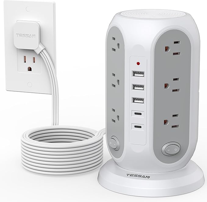 TESSAN Tower Power Strip Surge Protector, Flat Extension Cord 15 Ft, Grey | Individual Switches with 12 Outlets, 5 USB Ports(2 USB C), Flat Plug, Charging Station for Multiple Devices, Office, Dorm