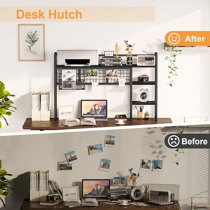 Snughome Desk Shelf, 44.9" Desktop Organizer Shelf, Desk Hutch for Computer Monitor, 4 Tier Desk Display Rack with Pegboard Hooks Set, Wood Desktop Bookshelf for Home Office Dorm