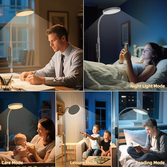 PACOVY Floor Lamp, Adjustable Height Floor Lamps for Living Room Bedroom, 120 LED Super Bright Standing Lamp Remote Control Dimmable Gooseneck Tall Stand Reading Lamp for Office Craft, Matte Gray