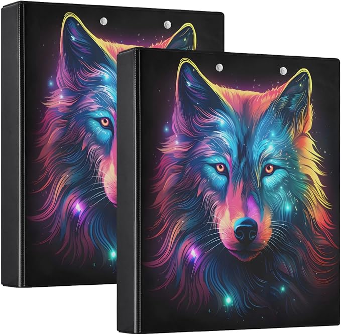 JIPONI 3 Ring Binder Wolf Colorful Neon 1 Inch Round Binders for Men Women Students, Cute File Organizer for Office School, 2pcs