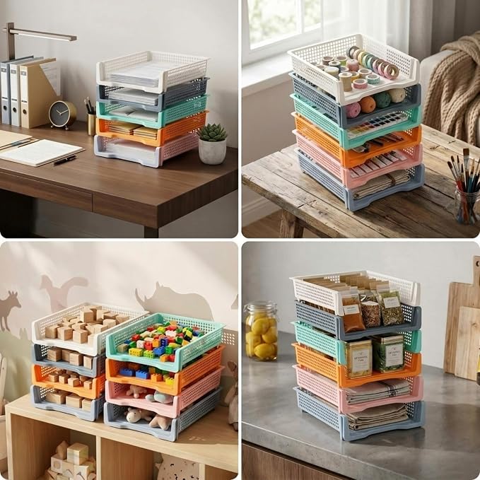 Weysat 12 Pcs Turn in Trays Classroom, Stackable Paper Tray for Classroom Organization Plastic Desk File Organizer Bin Basket for Library Drawer Teacher Office Document Storage (Pastel,Narrow)