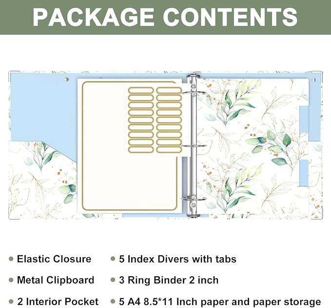 Rouidr 3 Ring Binder, 2 Inch Round Ring Binder Organizer with Clipboard, 5 Dividers Tabs, A4 8.5 x 11 Inch Paper & Clear Sleeves for School, Office Supplies, Leaves