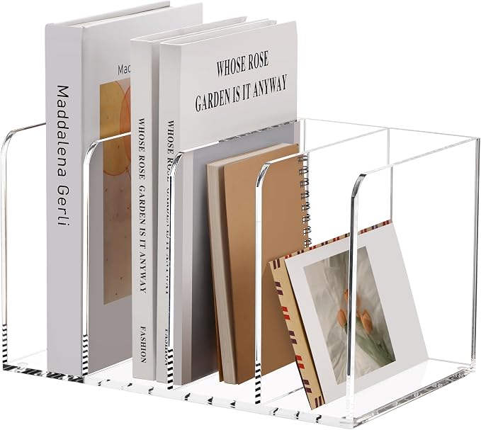 SANRUI Acrylic Desk Magazine File Holder, Clear,4 Vertical Compartments | Workspace Document Organizer Sorter for Documents, Tablet, Magazines, Books & Accessories