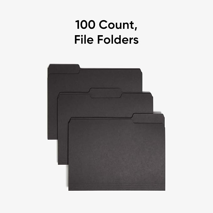 Smead Interior File Folder, 1/3-Cut Tab, Letter Size, Black, 100 per Box, Expandable File Folders for Filing Cabinet