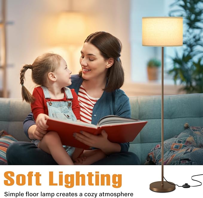 60'' Modern Floor Lamp with Shade, Tall Lamps for Living Room, Bedroom, Office, Dining Room, Beige Shade with Brown Pole(Without Bulb)
