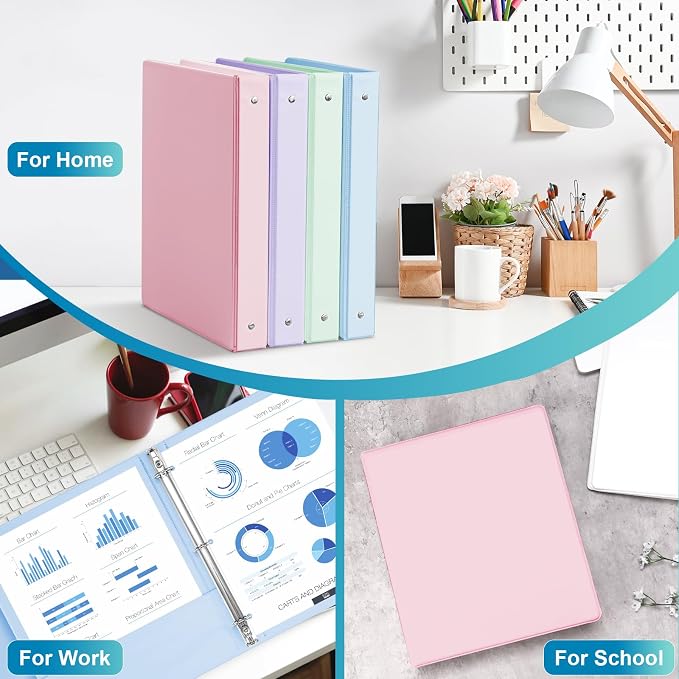 0.5'' 3-Ring-Binder with Pockets, 100 Sheets Capacity, 1/2 inch Binders fits 11" x 8.5" US Letter Size, Assorted 4 Pastel Colors - Ideal for School, Office, and Home Use (0.5 inch)