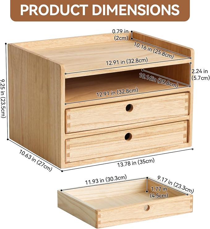 KIRIGEN Wooden Desk Organizer with 2 Drawers and Top Tray, Natural 3D2C-NA | Three-Tier Desktop Storage Cabinet Stores Papers, Office Supplies, Cosmetics, Crafts, and Small Accessories for Home Office