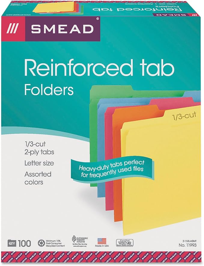 Smead File Folder, Reinforced 1/3-Cut Tab, Letter Size, Assorted Colors, 100 per Box (11993) | Premium colored stock, two-ply reinforced tabs in 3 positions, color-coded home and office drawer filing, SFI certified