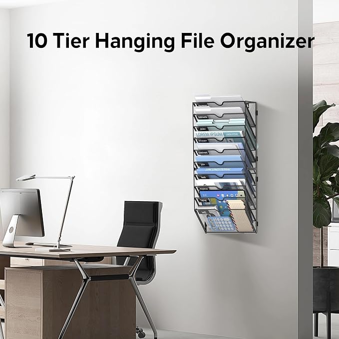 10 Tier Wall File Organizer Office Hanging Mail Holder Wall Mounted, Mesh Paper Document Organizer for Office Home School, Black | Wall Organizer and Wall Mounted File Holder with 10 Pockets and Label Panels for Files, Mail, Folders, Magazines and Paper