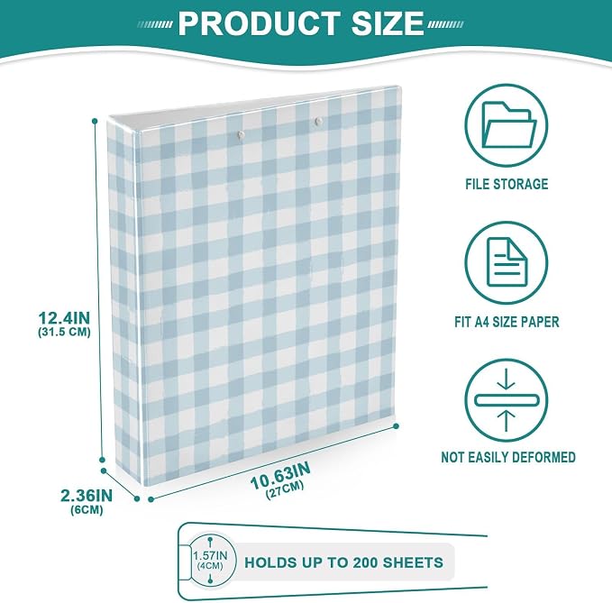 Blue Gingham Round Ring Binders 1.5 Inch 3 Ring Binder with Clipboard Holds 200 Sheets Office Home School