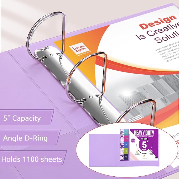 Sinload 6 Pcs 3 Ring Binder, 5 Inch Large Capacity 3 Slant D Ring Binders with Pockets, 8.5" x 11" Presentation Folder View Binder with Customizable Clear Cover for Documents Files Projects (Purple)