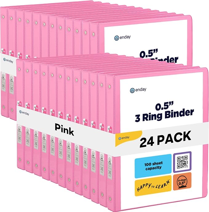 Enday 1/2 inch Binder 3 Ring Binder (24 Pack - Pink) O-Ring Binder with Clear View Cover and 2 Inside Pocket - for Letter Size 8.5 x 11'' Paper, Ideal for School Supplies, Office, and Home