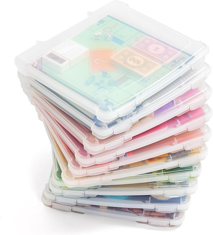 IRIS USA Board Game Storage Craft Organizer Box with Snap-Tight Latch Lid, 10-Pack Portable Plastic Case Bin for Puzzles, Magazines, Hobbies, Art Supplies, Fits 8.5" x 11" & A4 Papers, Slim, Clear