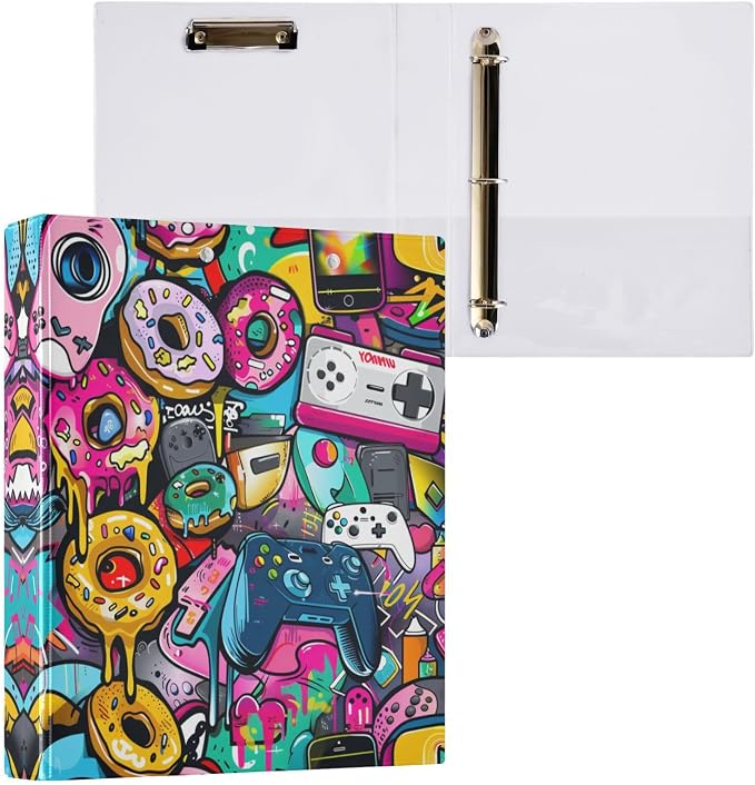 Game Boy Donuts Round Ring Binder for Recipe Budge Storage Organizer, Printed D Ring 1.5 Inch Binders for Office Work School Aesthetic Binder with Clear Pocket Non-Slip Clip