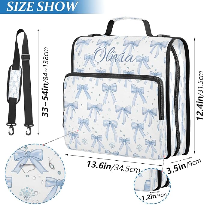 Personalized Blue Bow 1.5 Inch Zipper Binder with Name,3 Ring School Binder | Your selected font will be printed with a matching outline to complement the bow design.