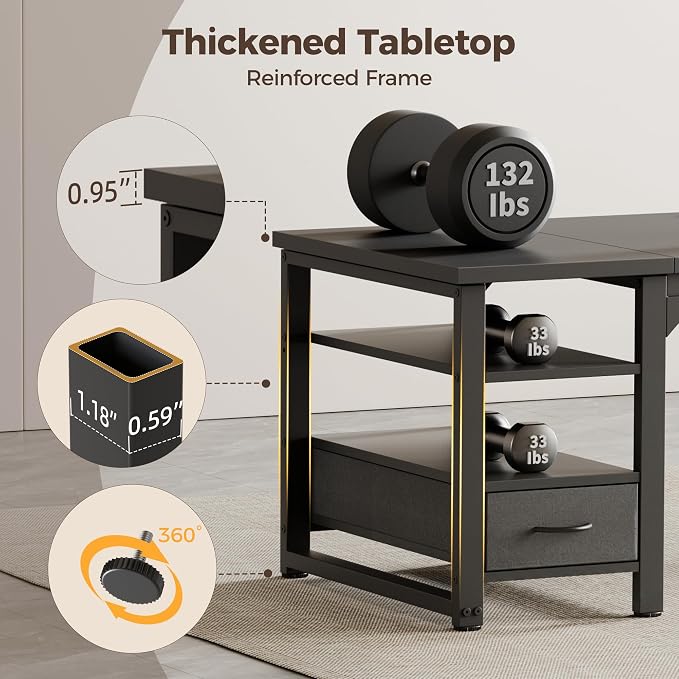63 in Computer Desk with Drawer, 1" Thick Reversible Office Desk | Large Modern Writing Table with Storage Shelves, Heavy Duty Industrial Executive Desk for Home Bedroom Study Work