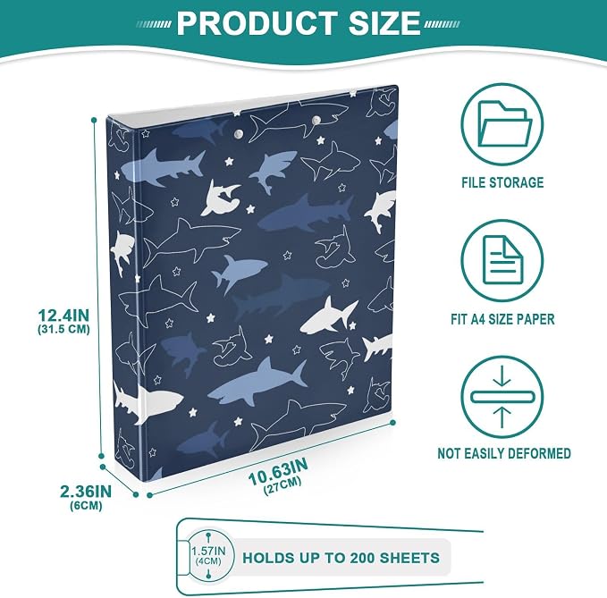 3 Ring Binder Shark Cartoon 1.5 Inch Three Ring Binder | Cute Binder with 3 Storage Pockets for Women School Office Supplies