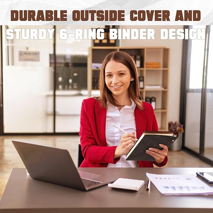 Henoyso 4 Pcs A5 Binder 6 Ring Notebook, Refillable Planner Binder, Small Leather Writing Journal with 100 Sheets Paper, Professional Notebook for Office School Supplies, Budget, 9 x 6.49 Inch, Black