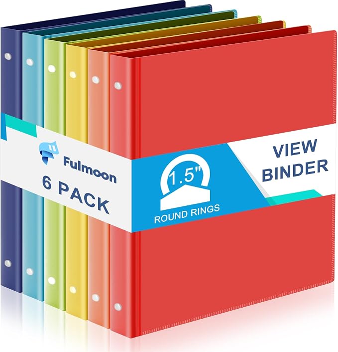 Fulmoon 6 Pack 1.5 Inch Plastic 3 Ring Binders with Pockets, Rainbow Colors | Flexible Covers with Round Rings and Front Pockets for Organizing Papers at School, Office, Meetings and Presentations