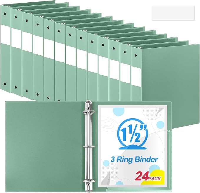 Henoyso 24 Pcs 1.5 Inch 3 Ring Binders, Letter Size,Sage Green | Binders Bulk, Holds 350 Sheets, Round Rings, Durable Flexible PP Plastic Covers, Pockets Labels, School Office Supplies