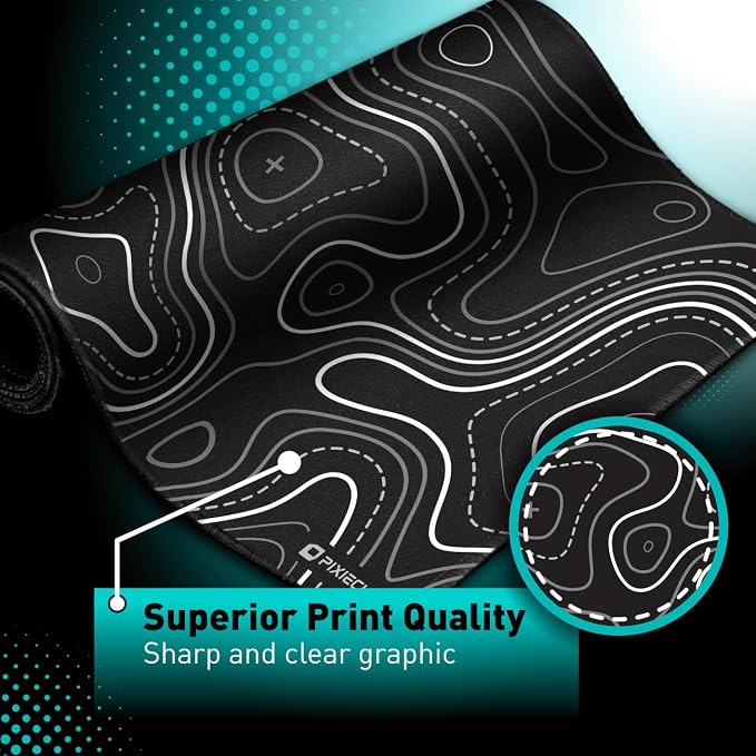 Pixiecube Minimalist Topographic Map Mouse Pad - Contour Extended Large Stitch Edge Mousepad. Black & White Non-Slip XXL Gaming Desk Mat