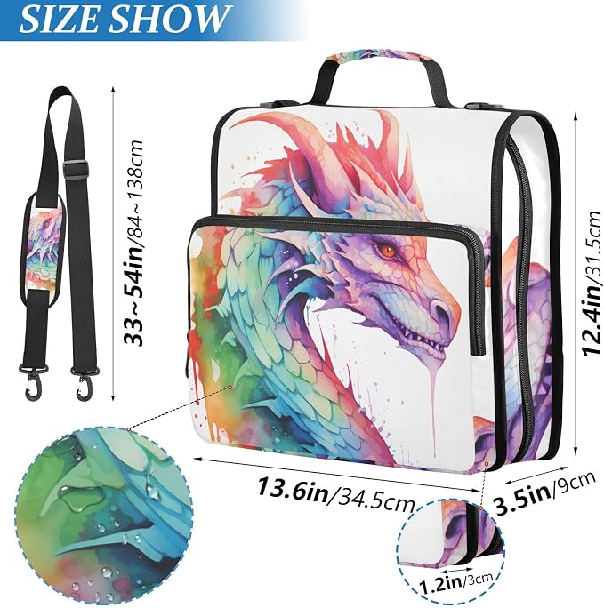 Colorful Dragon 3 Ring Binder Bag 1.5 inch Binder Organizer with Zipper Shoulder Strap 500 Sheet Documents Storage for School Office