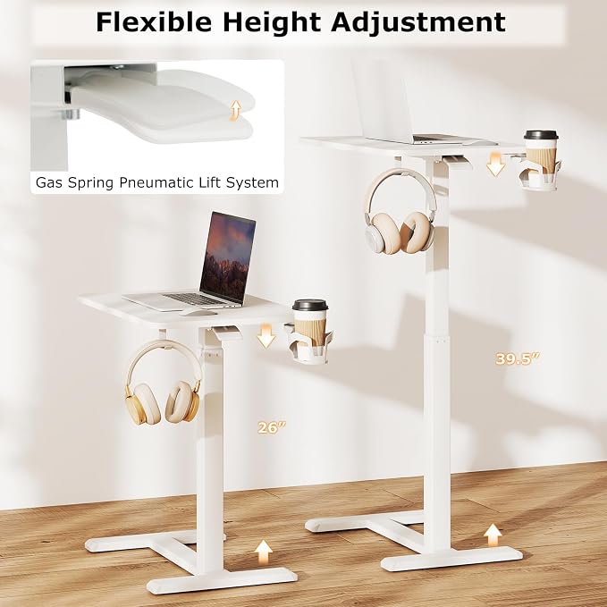 Tangkula Mobile Standing Desk, Pneumatic Height Adjustable Rolling Desk with Cup Holder & Headphone Hook, Overbed Table with Hidden Wheels, Laptop Computer Cart for Couch, Home, Office (White)