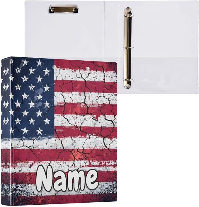Custom 3 Ring Binder Retro American Flag 1.5" Round Ring Binders Personalized Name View Binder with 200 Sheet for Kids School Supplies Women Men Office, 1 Pack