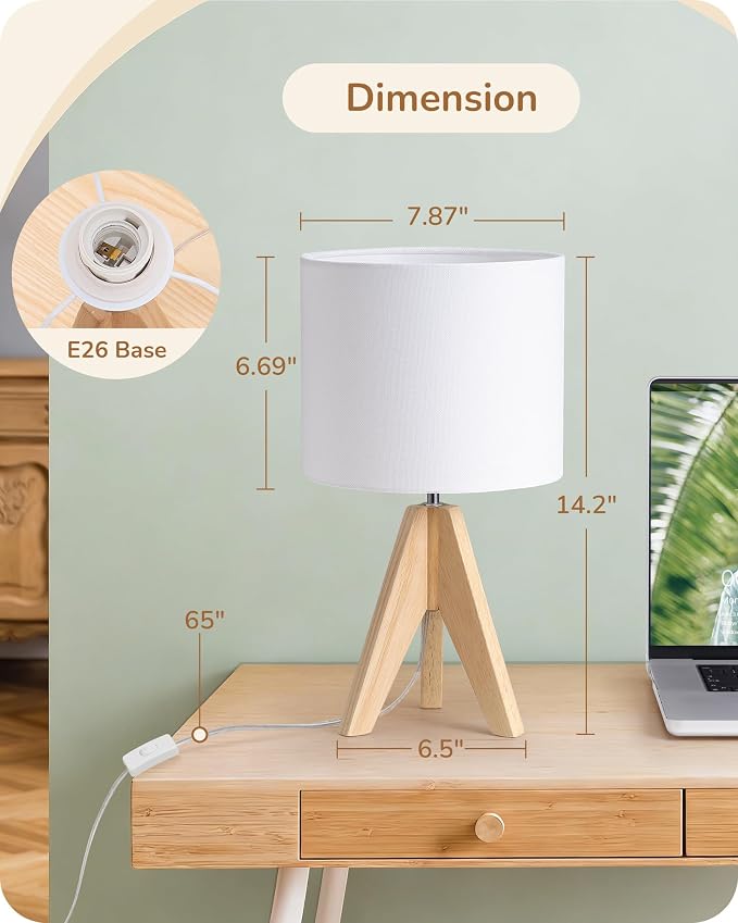 EDISHINE Small Cute Table Lamp, Wood Tripod Nightstand Lamp, 14.2 Inch | ON/Off Switch, E26 Socket, Linen Fabric Shade, Mid Century Bedside Lamp for Nursery, Living Room, Bedroom, End Table