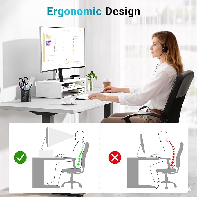 BONTEC Wood Monitor Stand Riser, 2-Tier Desktop Organizer | Ergonomic Computer Stand for Desk, Cable Management, Cellphone Holder, 21.3 Inch Shelf, White