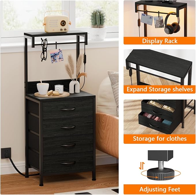 Tall Nightstand with Charging Station, Bed Side Table & End Table | 4 Fabric Drawers and Storage Wood Shelves, Dorm Nightstand with LED Light, Black Night Stand for Bedroom, Dorm, Hallway