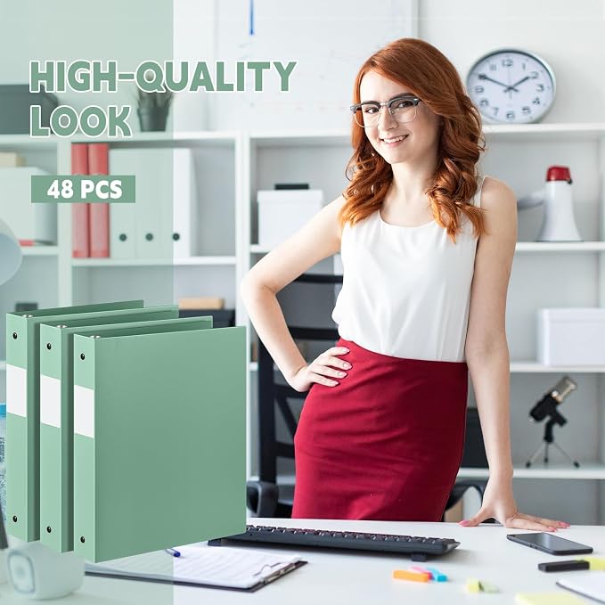 Henoyso 48 Pack 1 Inch 3 Ring Plastic Binders, Bulk Flexible PP Binders for Classroom & School Supplies, Letter Size 8.5 x 11, Holds 240 Sheets with Interior Pocket (Sage Green)