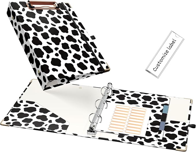 EYROZILL Mini 3 Ring Binder 1 Inch for 5.5" x 8.5" Paper with 5-Tab Dividers EYROZILL Cute Binders for School/Office Supplies and Home, Cow Print