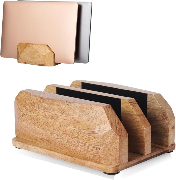 Width Adjustable Vertical Laptop Stand for Desk, Laptop Holder to Dock MacBook, MacBook Pro and Other Laptops, Versatile Vertical Laptop Docking Solutions - Mango Wood