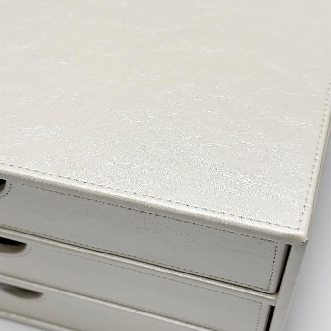 UnionBasic Document Organizer, 3-Drawer File Cabinet Document Storage Box, Office Desktop Filing Organizer, Creamy White | Document Storage Box, Office Desktop Filing Organizer, Printed Oil Faux Leather